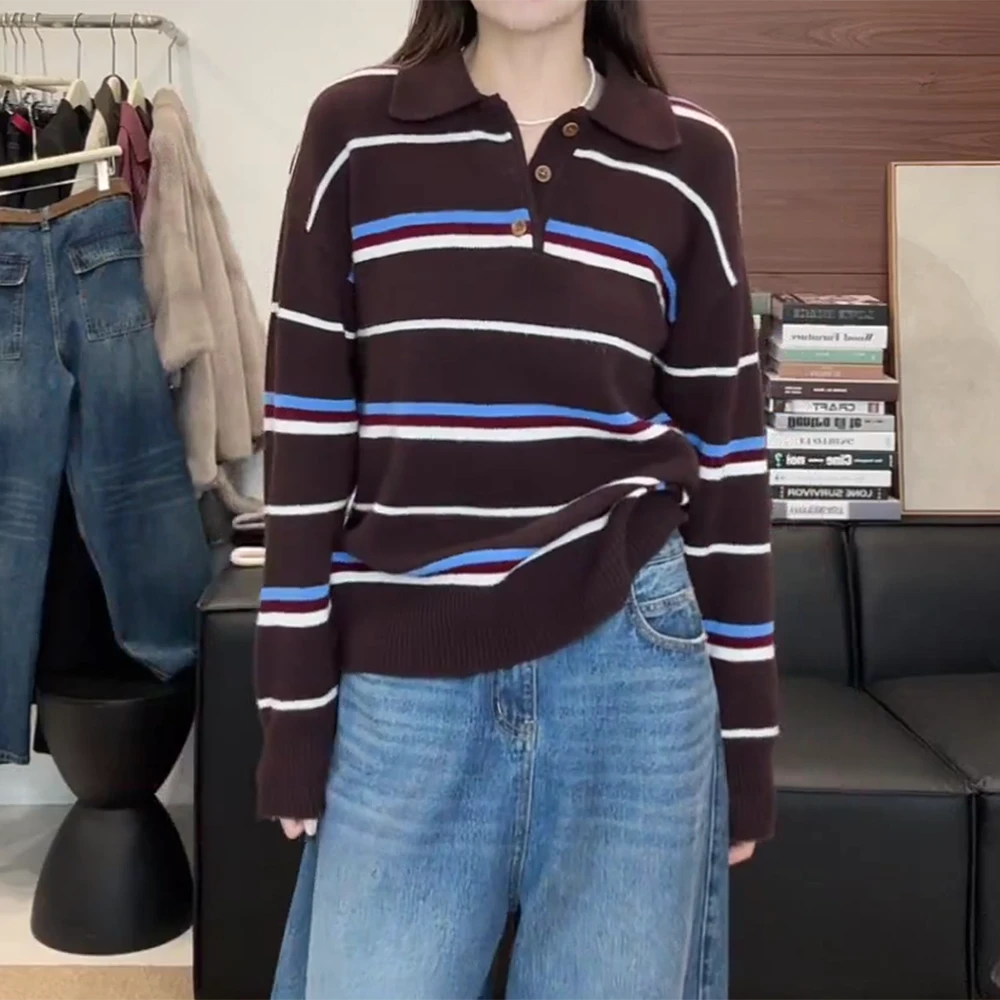 咖啡色条纹POLO领长袖针织毛衣女文艺复古百搭老钱C6216