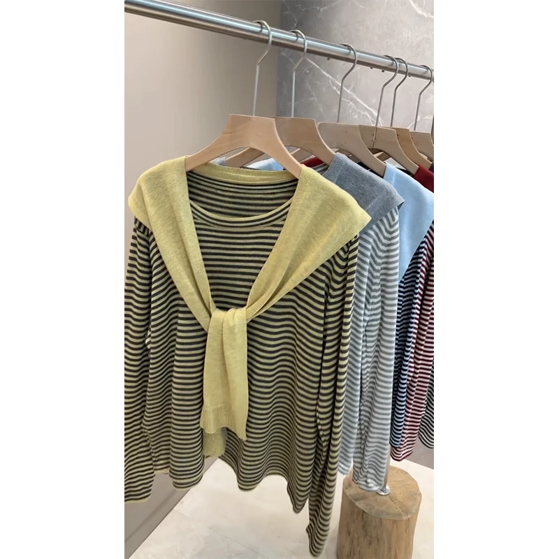高端欧货2025年秋季新款圆领条纹披肩长袖针织衫女高级感减龄上衣
