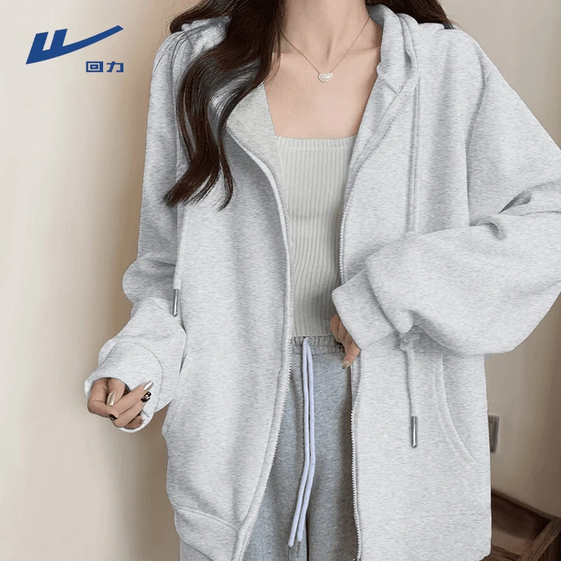 Warrior/回力灰色卫衣女春秋款2025新款慵懒风开衫上衣初秋薄外套