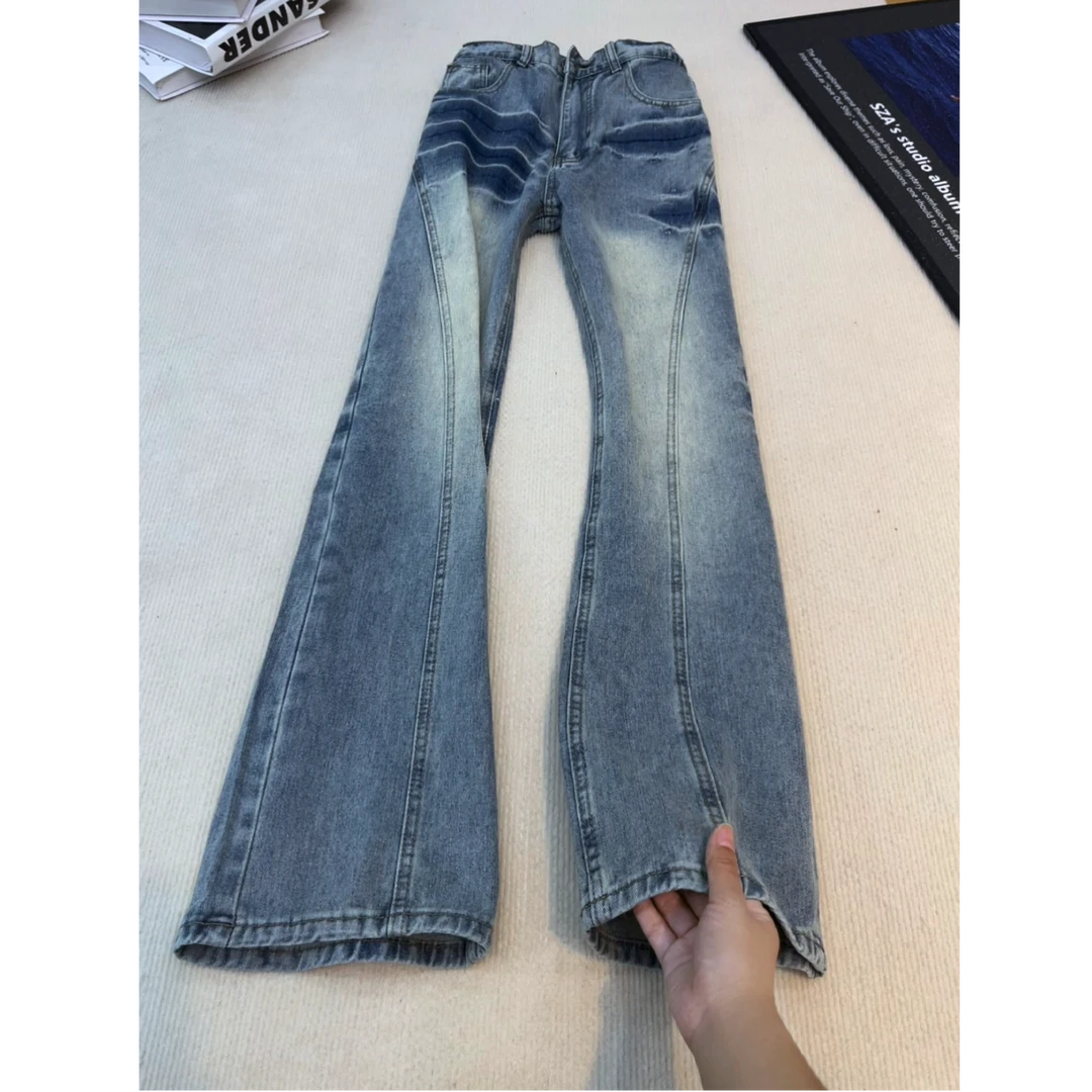 冰蓝色闪电纹牛仔裤男秋冬cleanfit潮牌直筒裤子复古斜切微喇长裤