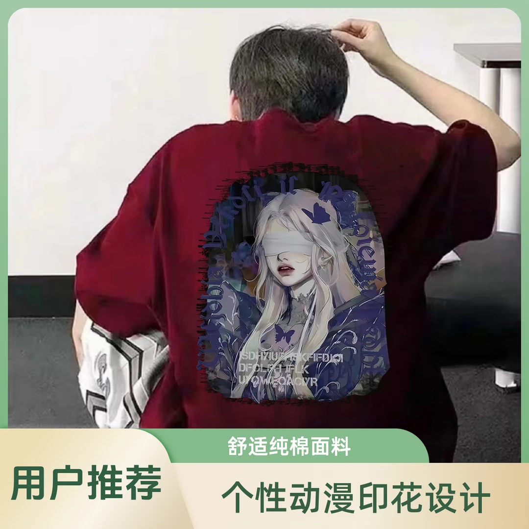100%纯棉重磅美式国潮人物女孩印花短袖T恤2025夏季男女同款上衣
