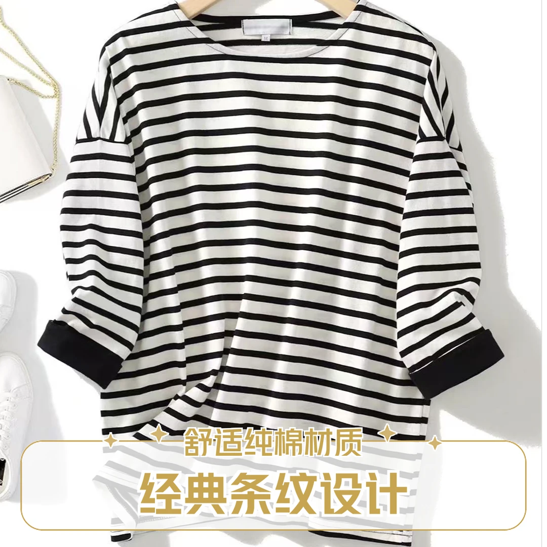 纯棉日单休闲圆领条纹百搭宽松T恤衫时尚针织