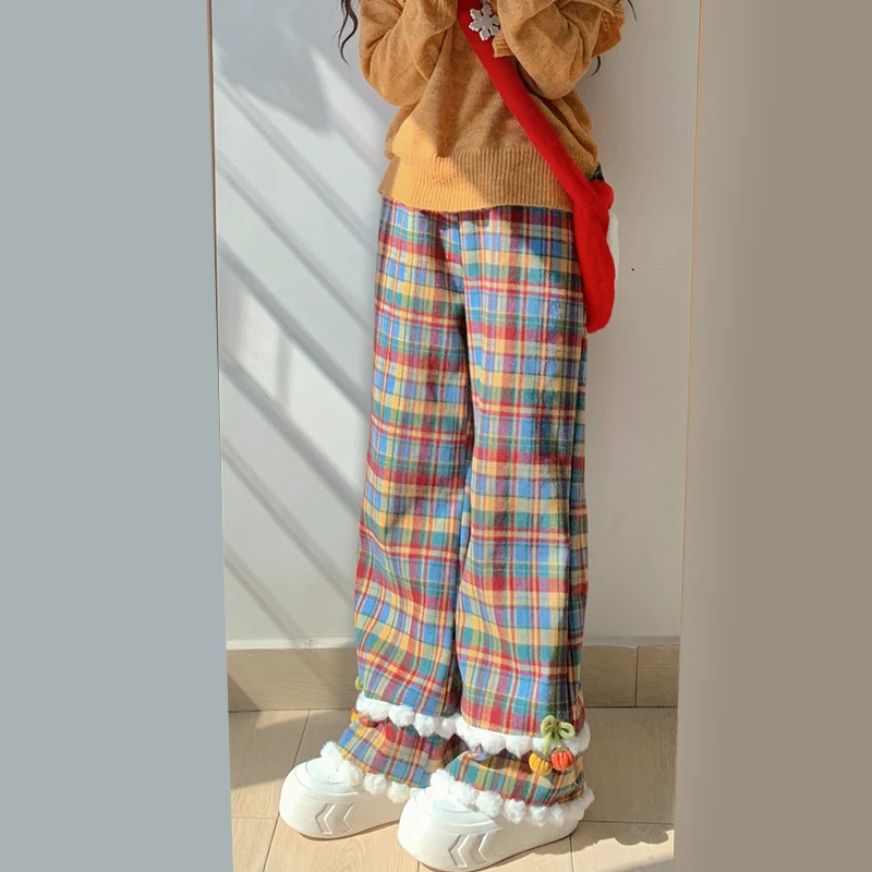 【彩色南瓜】原创秋冬加绒长裤毛球直筒可爱宽松高腰毛呢裤子显高