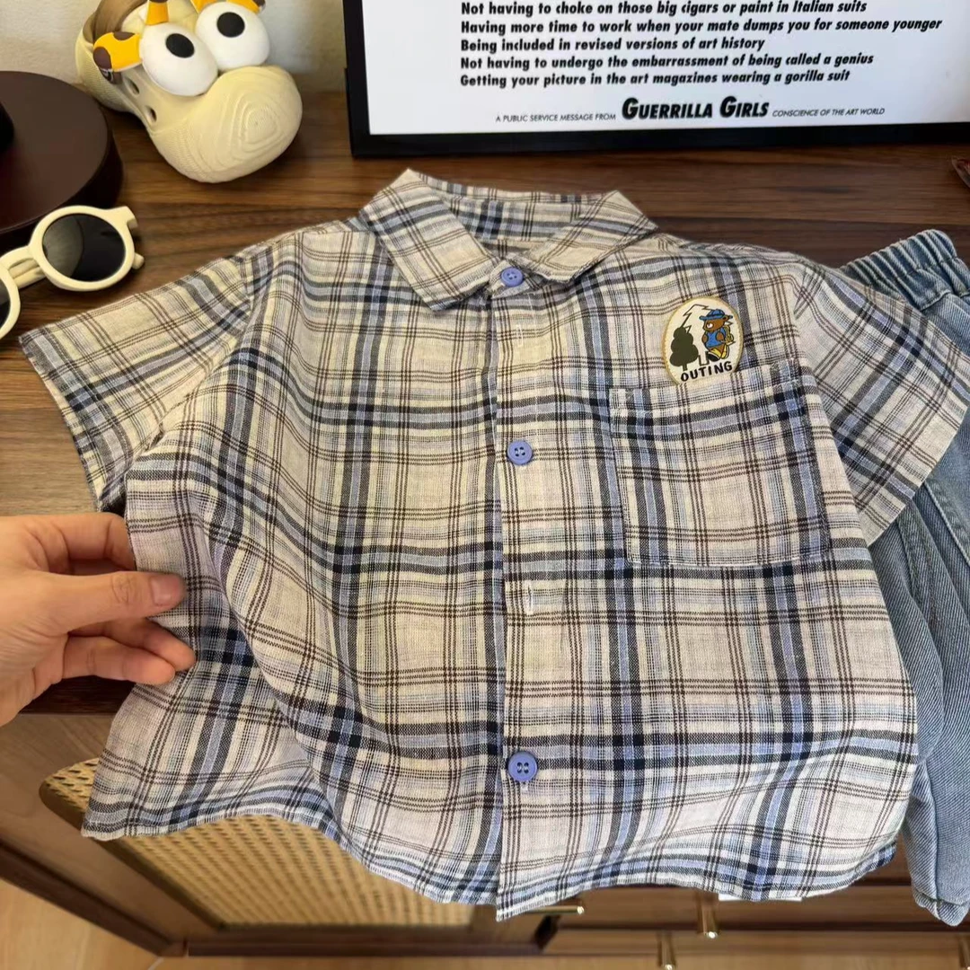 YM【JMJQ25226】夏季经典中小童蓝色开衫格纹翻领小衬衫