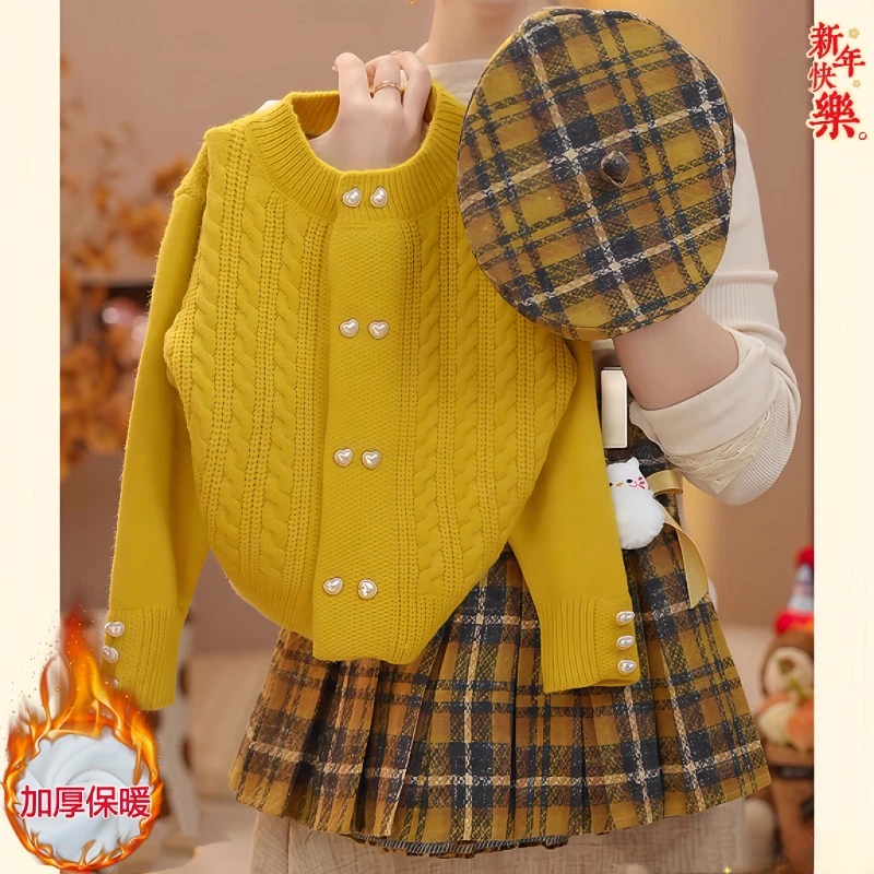 女童毛衣开衫毛呢格子百褶裙套装秋冬2025新款甜美针织打底衫甜美