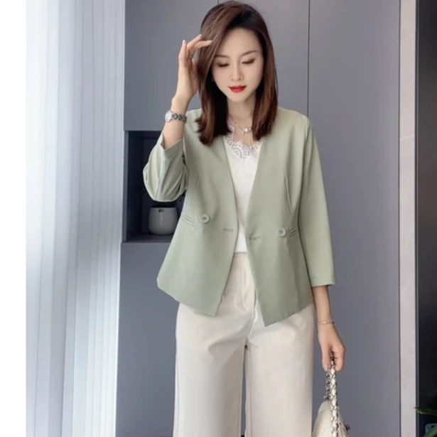 高级时尚显瘦无领西装外套女2025新款夏季休闲气质薄款七分袖上衣
