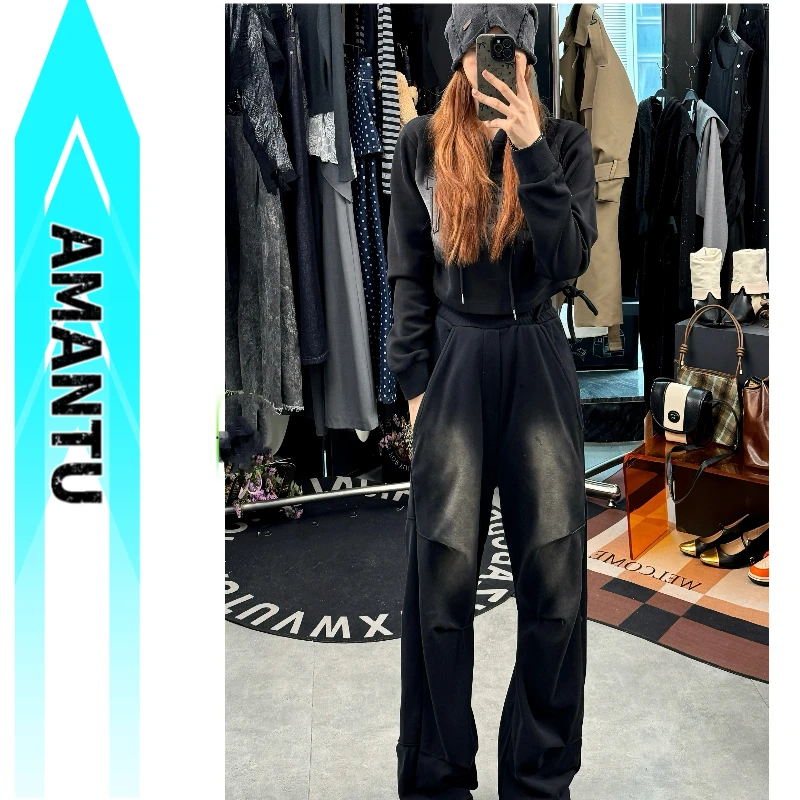 韩系买手店美式复古渐变短款套头连帽卫衣女春季辣妹气质套装1472