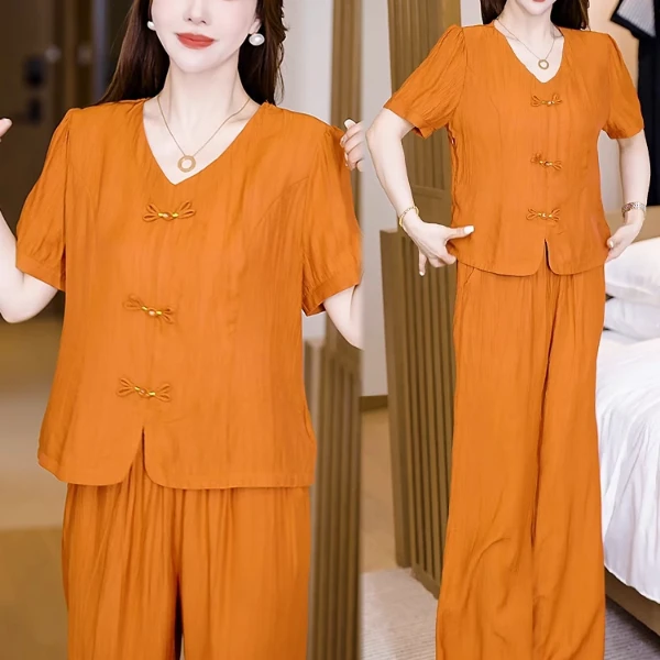 时尚套装女2025夏季新款洋气质显瘦V领短袖阔腿裤休闲减龄两件套