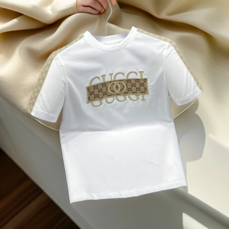 潮牌欧货男士高端冰丝短袖t恤白色刺绣修身2025夏季新款半袖体桖