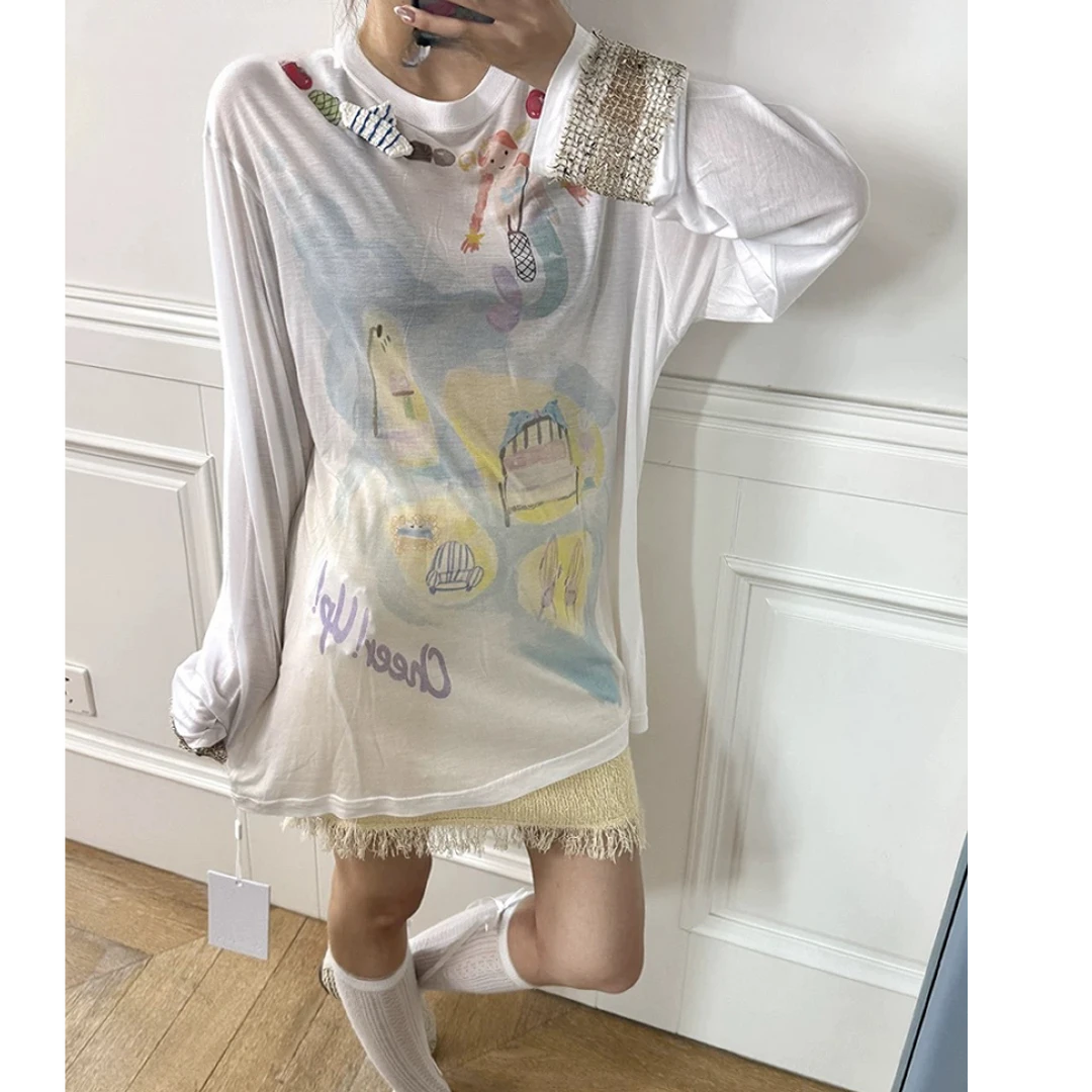 【奥莉】2025春夏: 美人鱼的海螺小窝袖口拼接长袖T恤70851