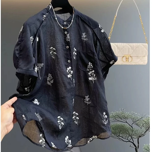 2025夏季欧货时尚爆款洋气减龄宽松上衣设计感小众黑色碎花衬衫女