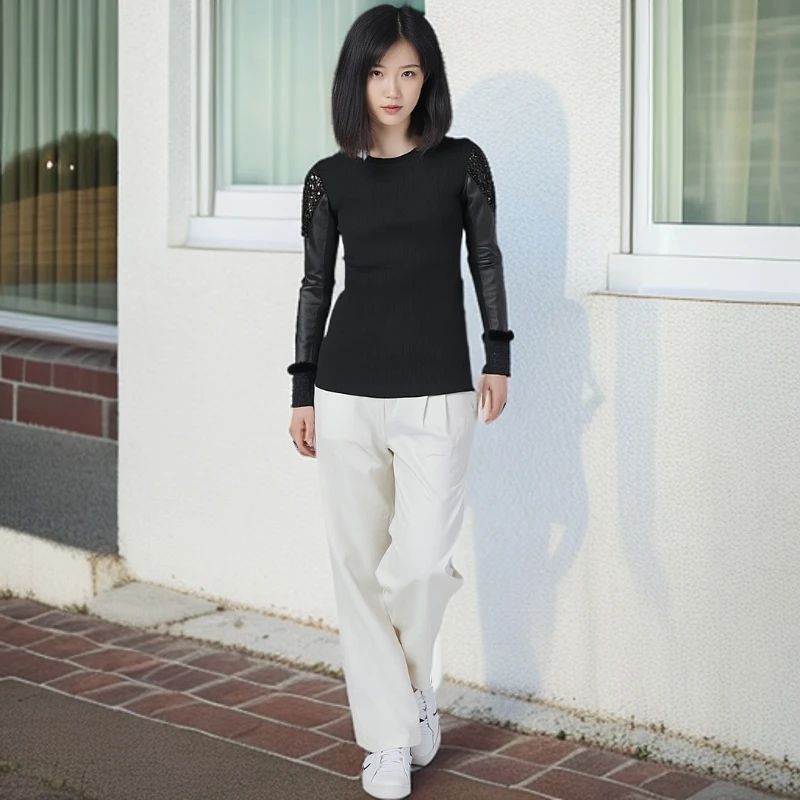 打底衫针织弹力衫女士套头显瘦长袖时尚百搭黑色女款拼接圆领