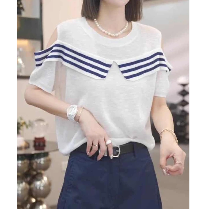 法式辣妹露肩条纹短袖针织衫女2025夏新款宽松高级感冰丝百搭上衣