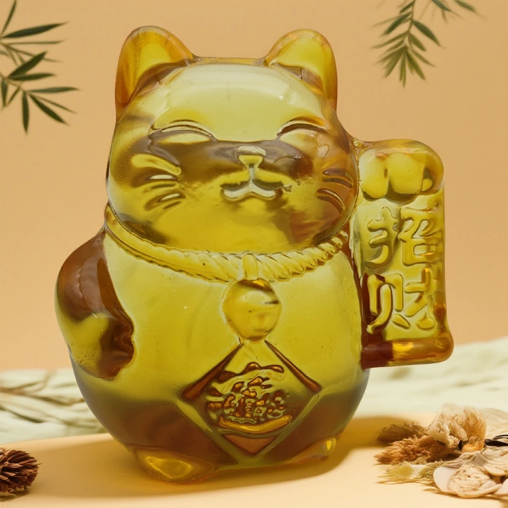 【鑫金源】黄水晶琉璃招财猫桌面家居创意可爱装饰摆件
