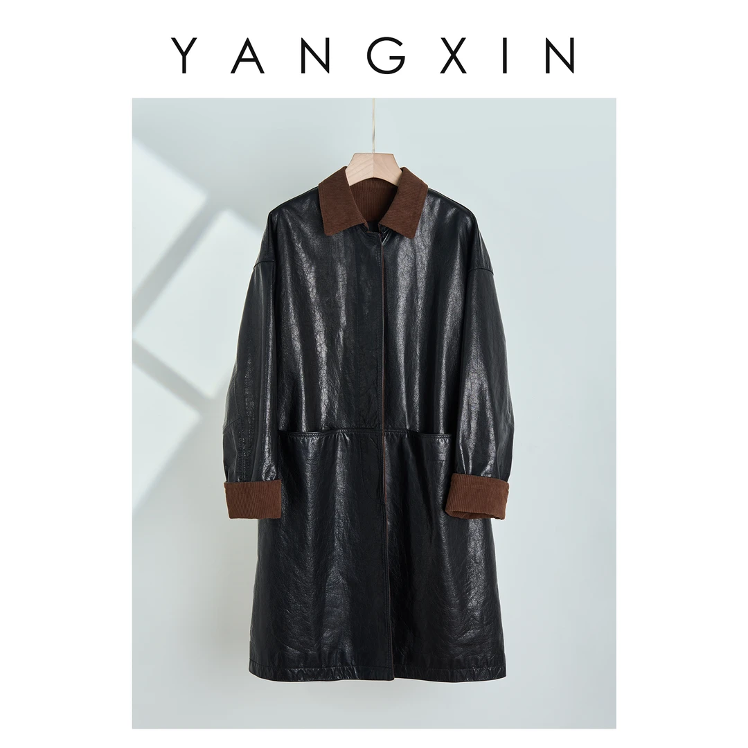 【无龄·杨昕】“摩登时尚”早春新款经典简约长款皮衣SS02081