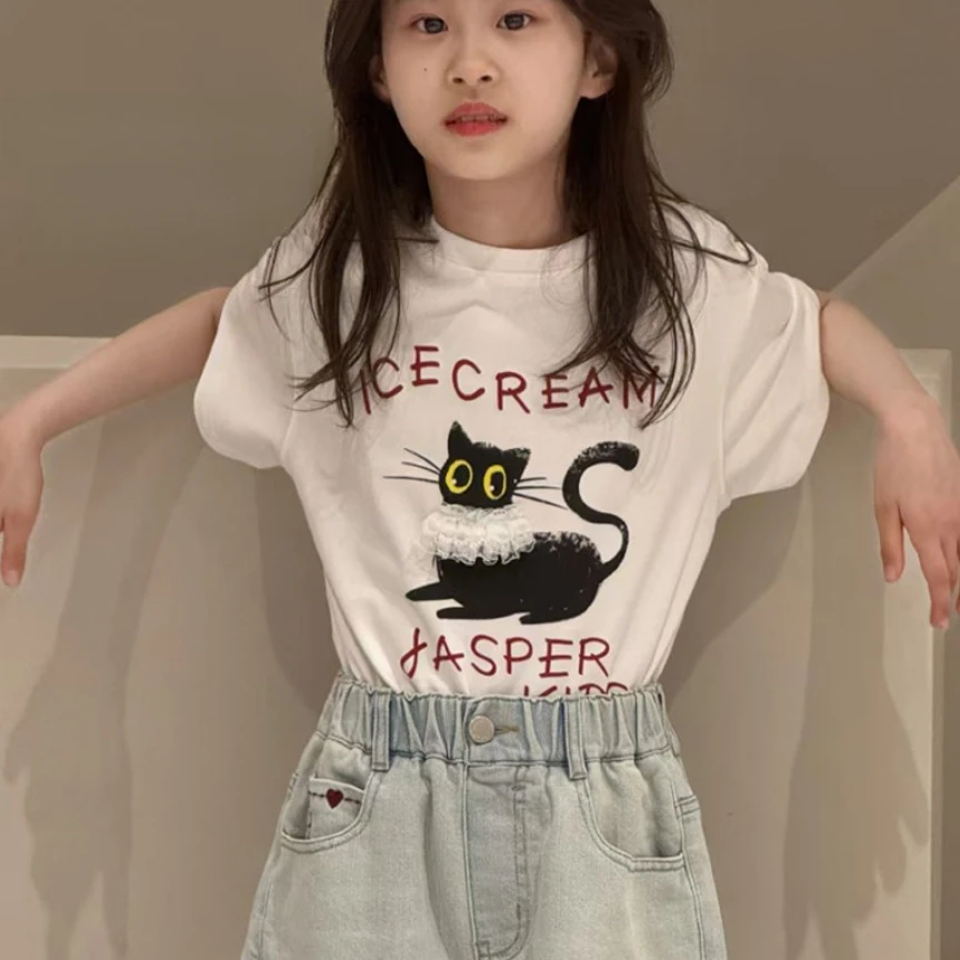 【豪宝贝】2025夏款蕾丝小猫咪可爱印花T恤7581
