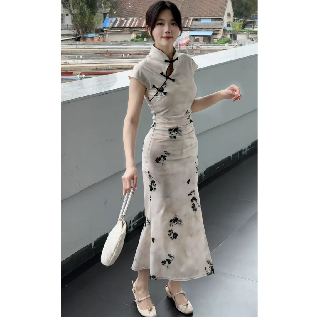 【C108】新中式印花盘扣国风旗袍年轻款少女气质收腰短袖连衣裙