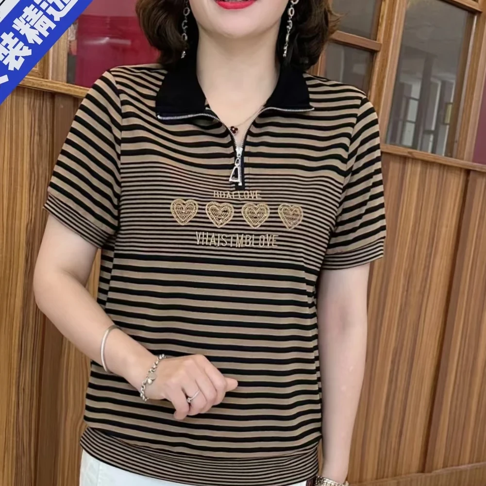 2025春夏季新款中老年宽松连帽上衣条纹显瘦妈妈装休闲短袖