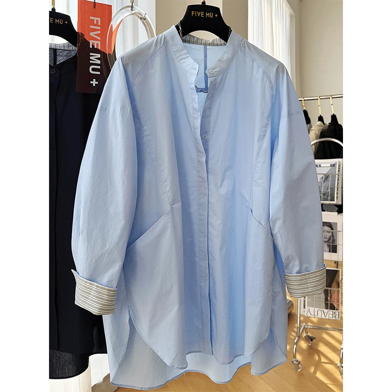 韩系高级感小立领中长款长袖衬衫女春秋超好看气质独特别致上衣