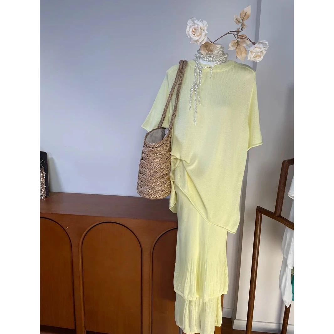 【南法假日】简约chic圆领套头宽松上衣高腰显瘦休闲半裙套装