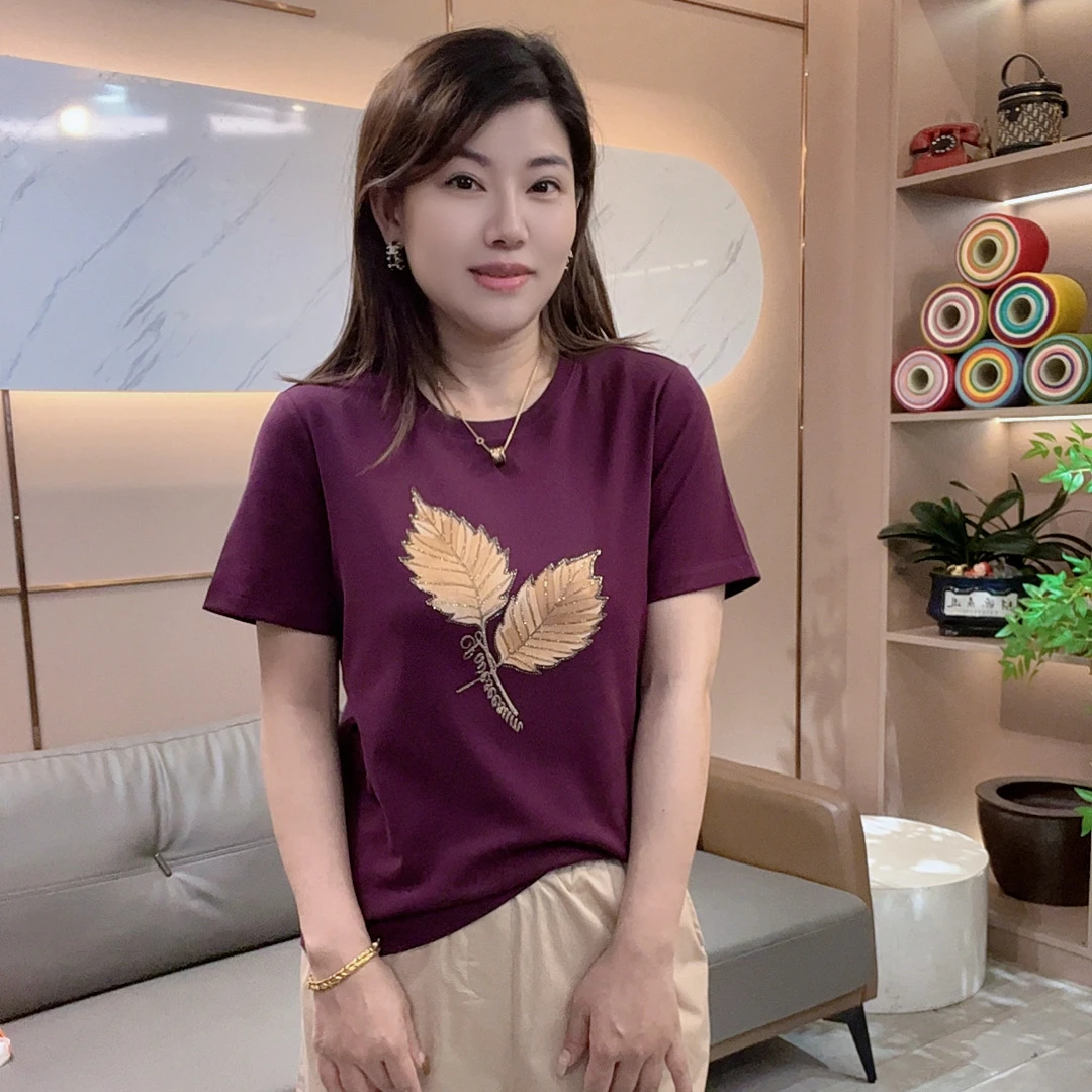 【有进有赚】夏季新款洋气时尚印花烫钻树叶宽松圆领短袖t恤256658
