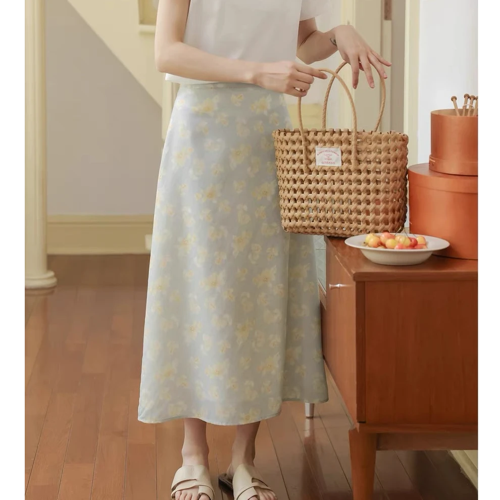 Q2414顺滑抗皱 碎花半身裙女夏季2025新款垂坠半裙法式长裙