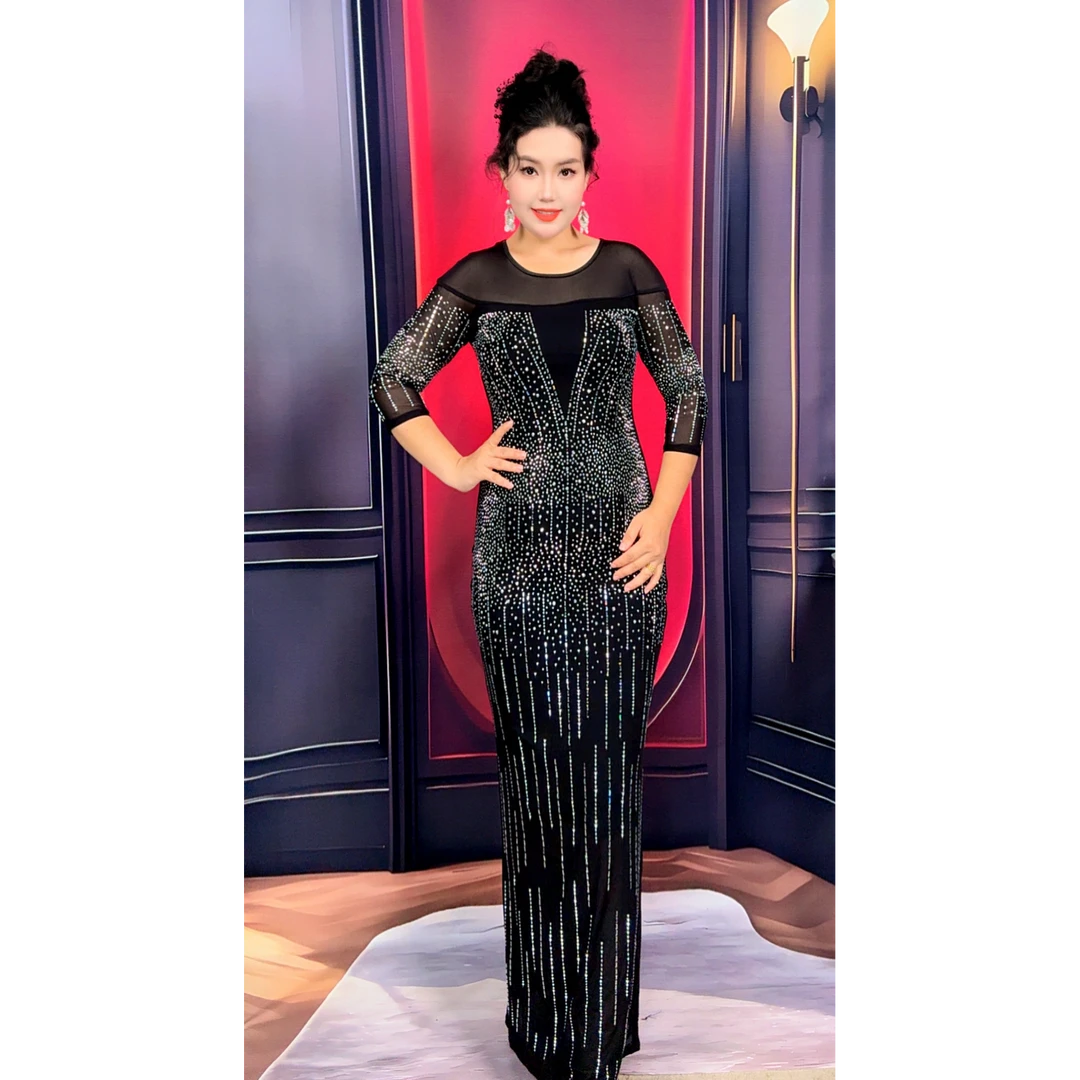 8730【娜子包邮】新款中袖礼服网纱烫钻女装连衣裙