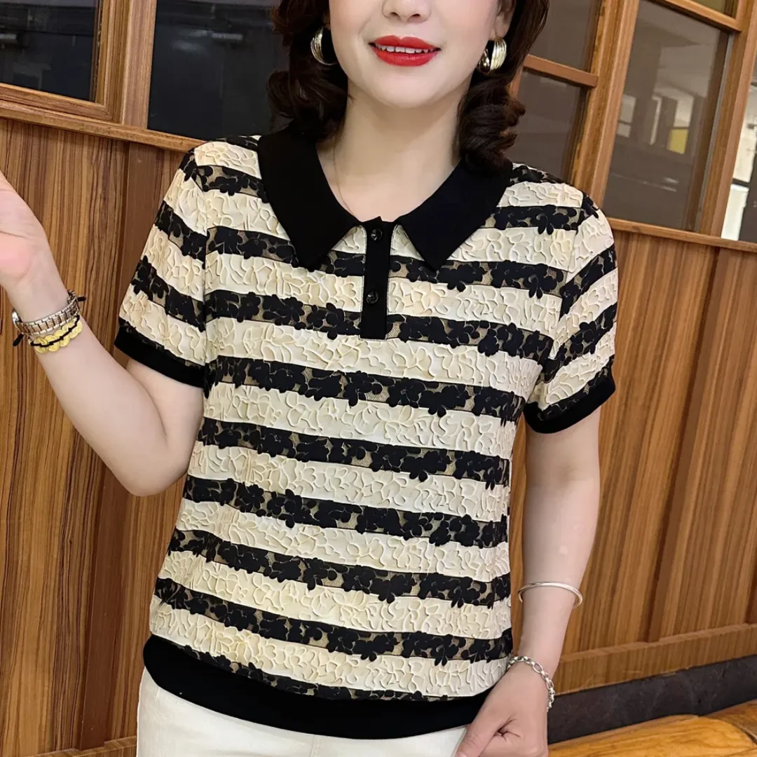 夏季新款娃娃领条纹短袖上衣气质百搭减龄宽松妈妈休闲洋气打底衫
