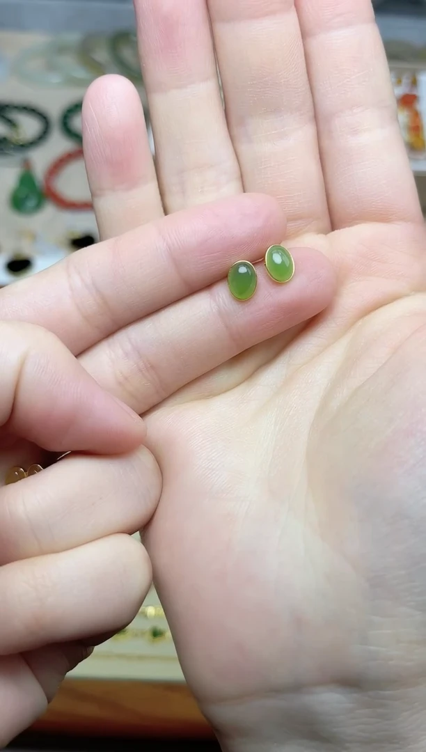 和田玉银S925镶嵌耳饰06碧玉耳钉