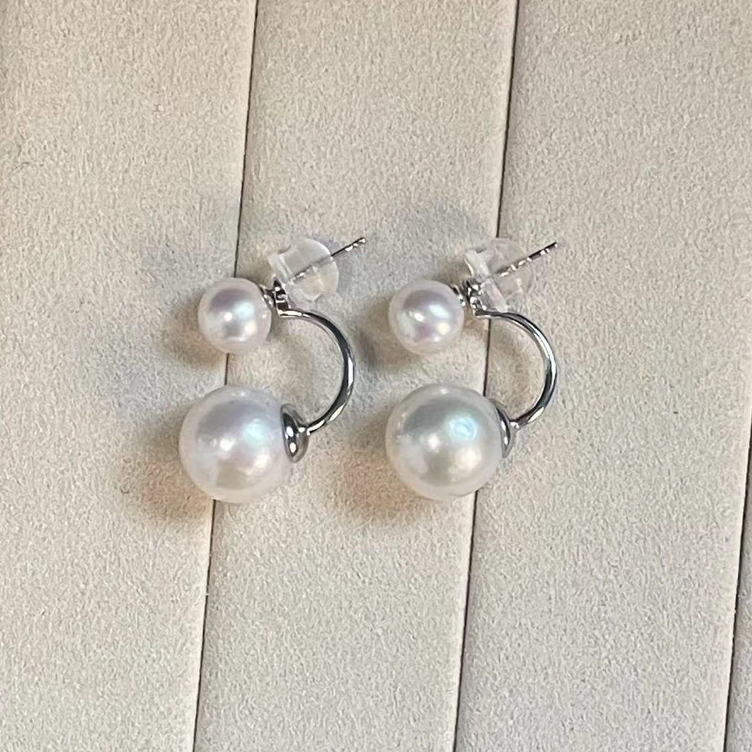6-12mm宋慧乔妹同款双珠耳钉一款多戴S925银气质耳环正圆淡水