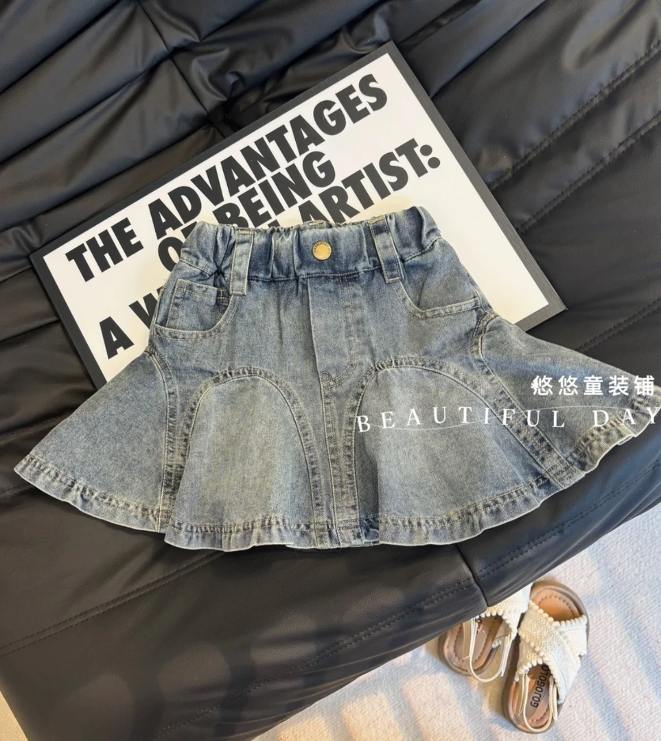 女童夏季新款牛仔短裙洋气时尚女宝宝防走光内衬短裙百搭花苞裙