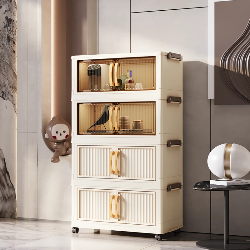 【竖纹45cm直径】BX多层带轮收纳柜免安装折叠储物柜宿舍杂物整理柜