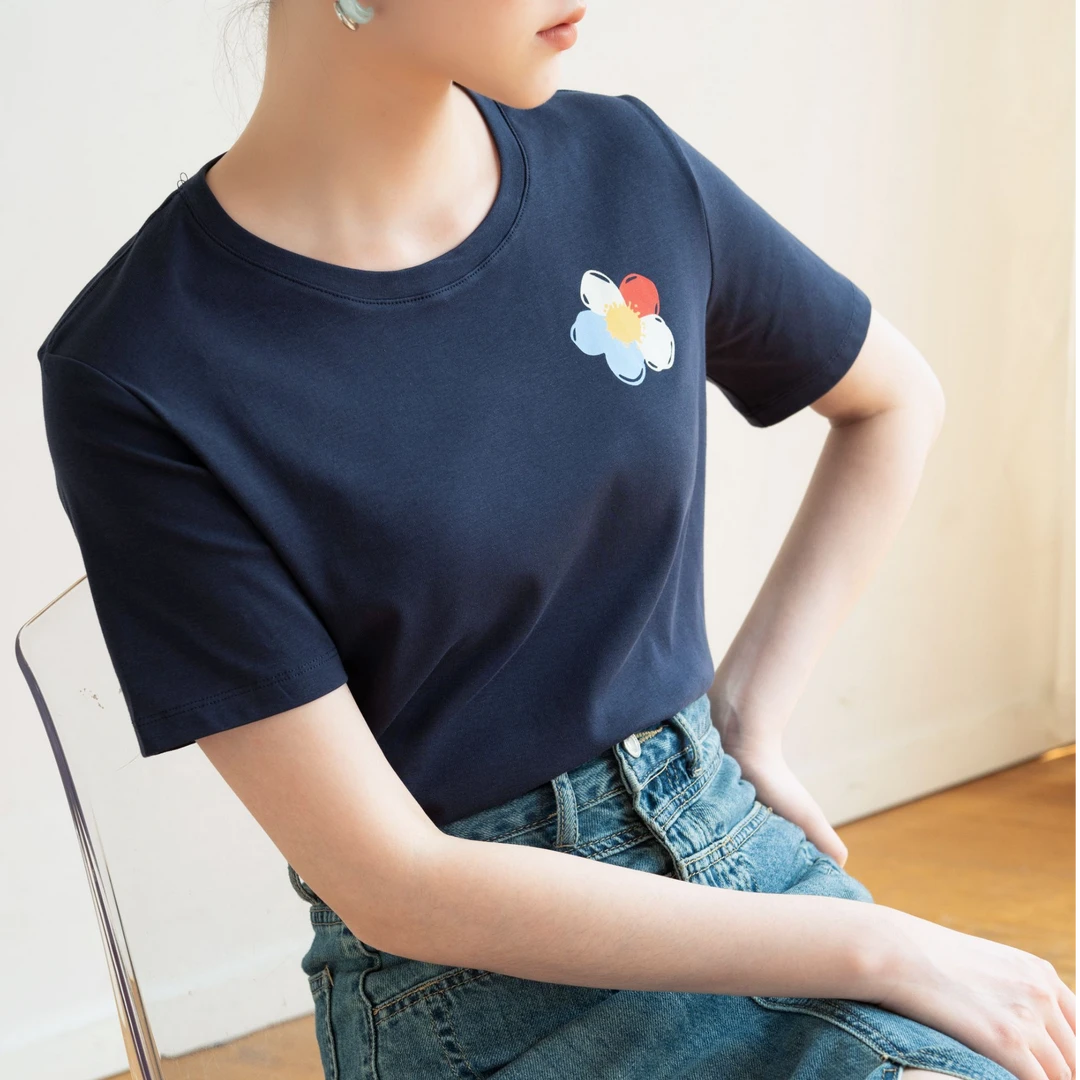 彩色小花短袖T恤女2025新款春夏季修身显瘦百搭休闲上衣韩版XHD-1