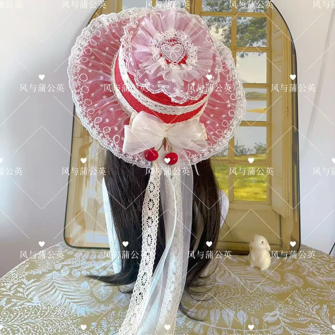 原创小红帽樱桃草帽蝴蝶结女遮阳帽平檐森系帽子蕾丝编织甜美系