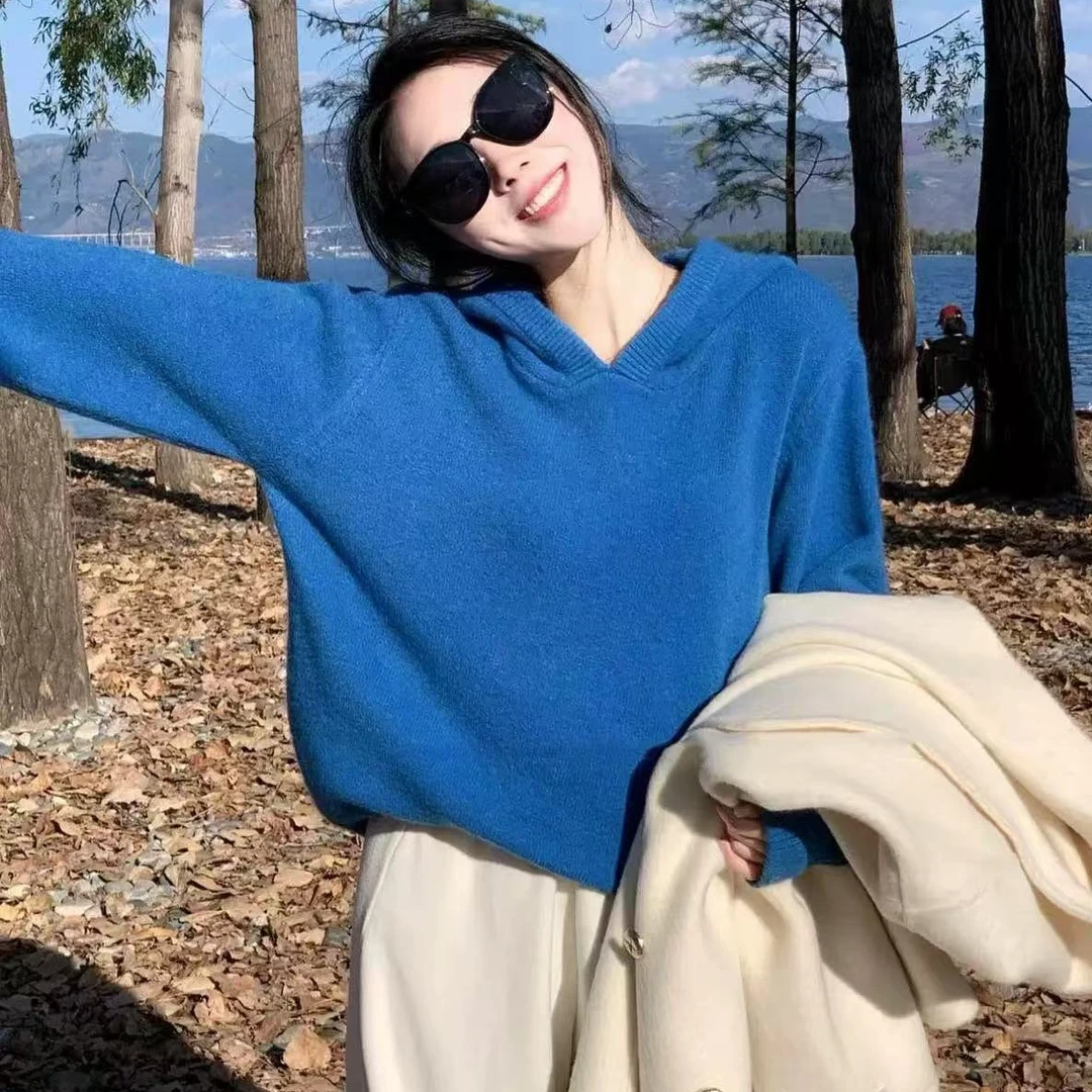 【清货价】宽松软糯连帽长袖毛衣女秋冬新款显瘦慵懒风针织上衣