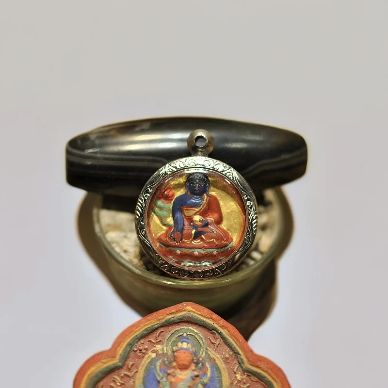 药师佛立体擦擦纯手工手绘唐卡随身擦擦嘎乌盒吊坠挂件饰品