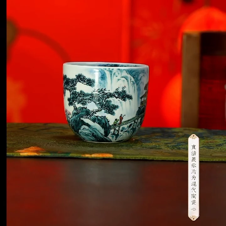 【小乔赏瓷】景德镇手工手绘混搭五彩山水大直筒杯guyu73.