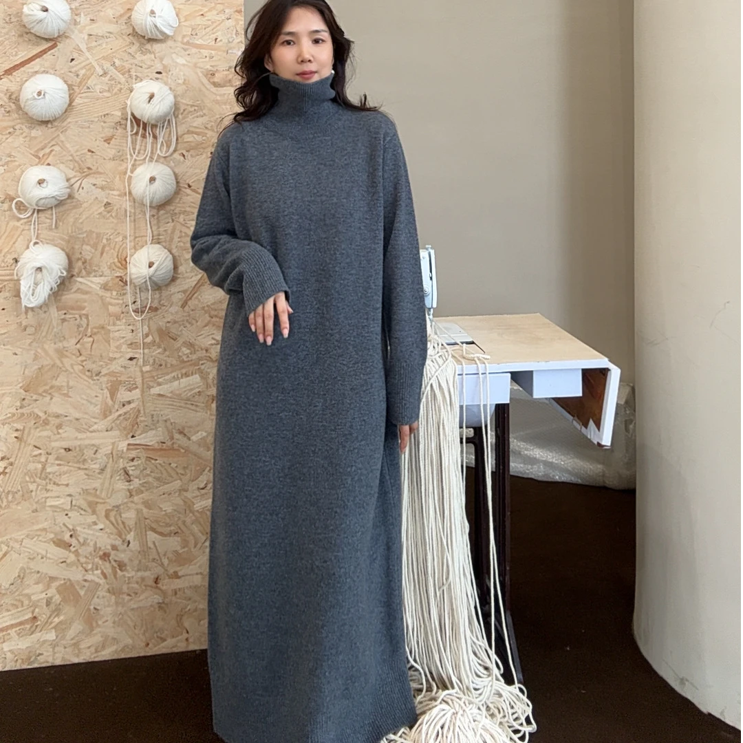 BENYI/本异针织高领连衣裙长裙女2025冬款牦绵羊毛保暖休闲2503