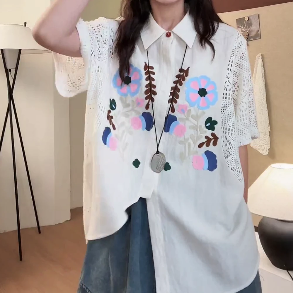 衬衫夏季重工刺绣花朵镂空拼接宽松上衣女C5771
