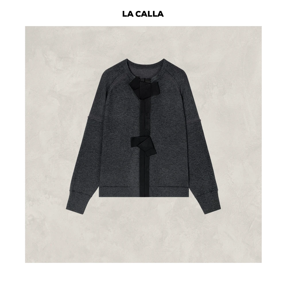 沈球球【蝴蝶结毛衣】灰色蝴蝶结羊毛混纺针织毛衣