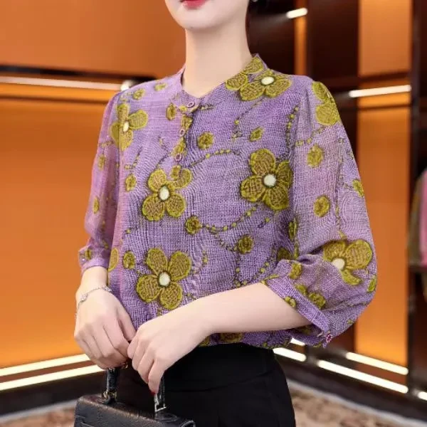 2025夏季新款高端轻薄冰爽时尚大码衬衫洋气优雅气质韵味印花小衫