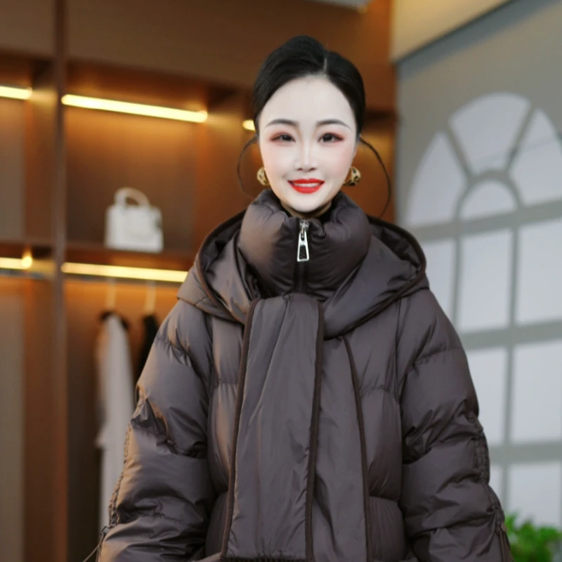 冬季新款优雅时尚百搭气质显瘦减龄带围巾鸭绒羽绒服外套M-XL