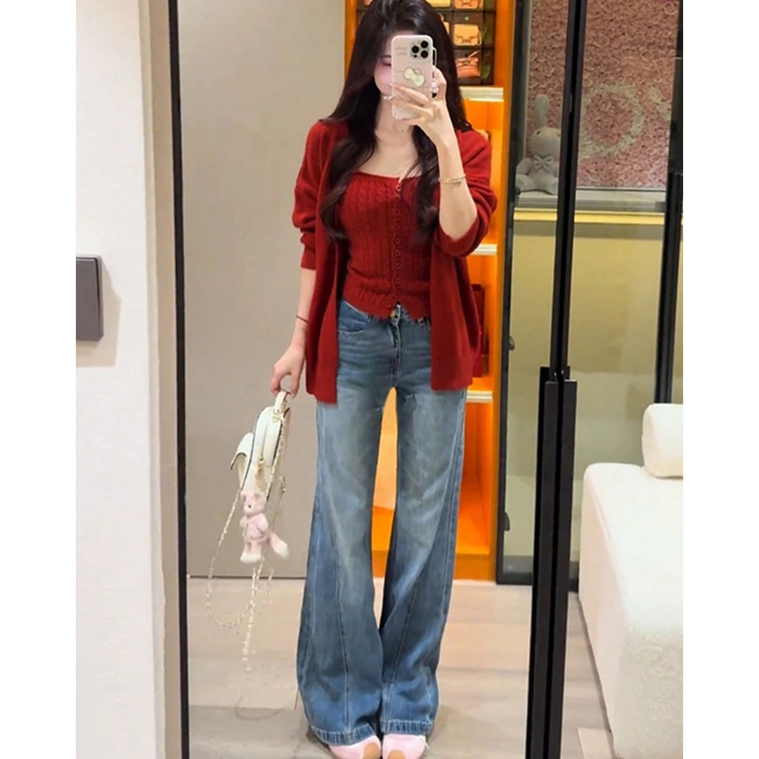 巨好看的秋季2025流行穿搭一整套韩系小众松弛感上衣牛仔裤三件套