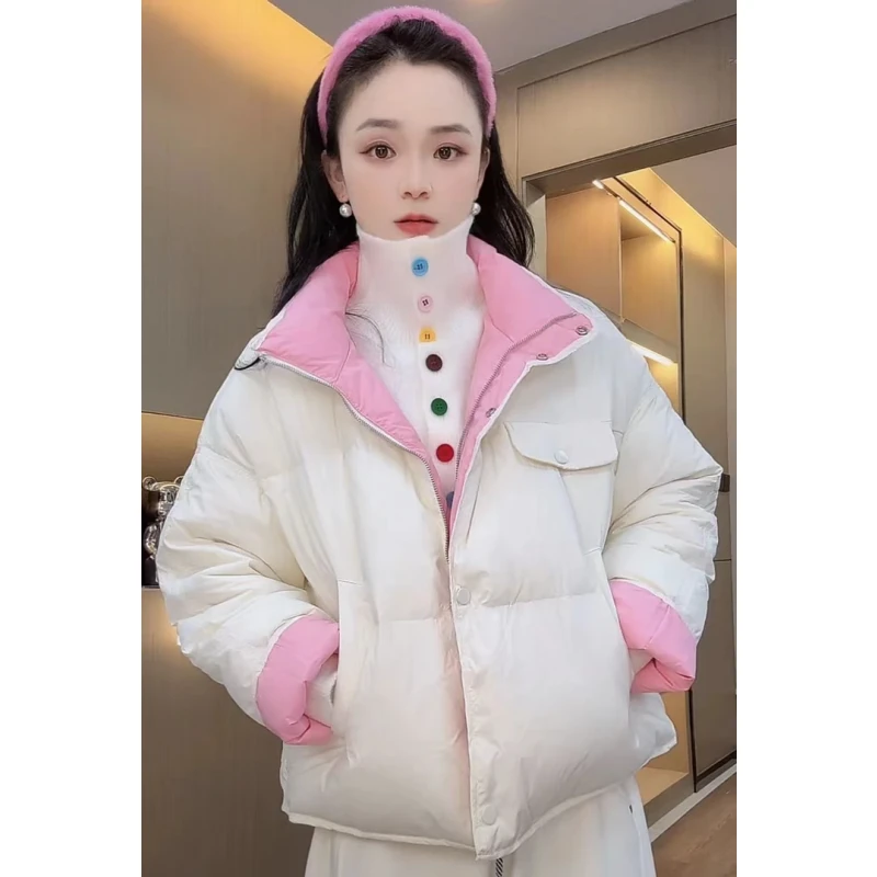 韩系甜美粉色拼接棉服女2025新款秋冬季学院风保暖面包服棉衣外套