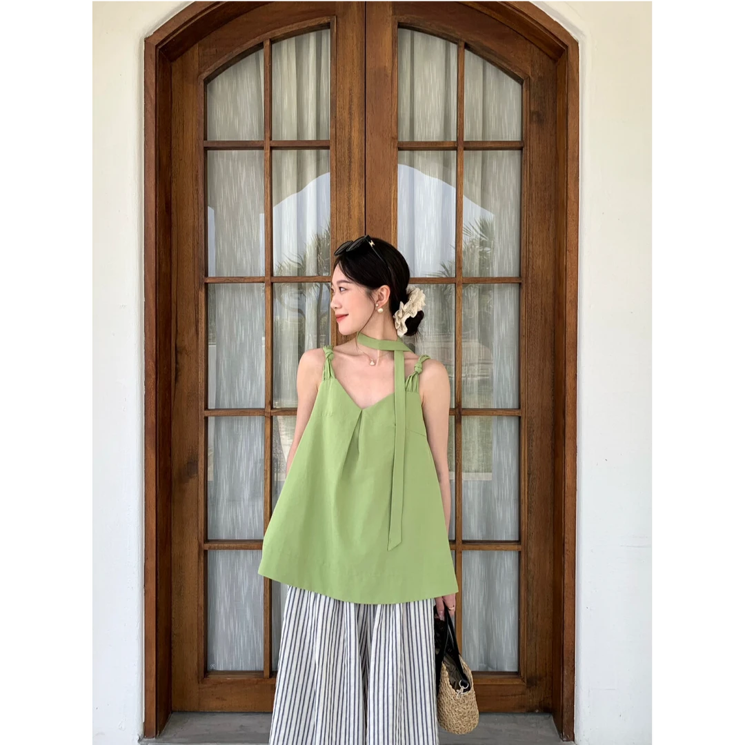 韩系设计感V领飘带吊带扭结减龄气质夏季无袖背心女通勤百搭宽松