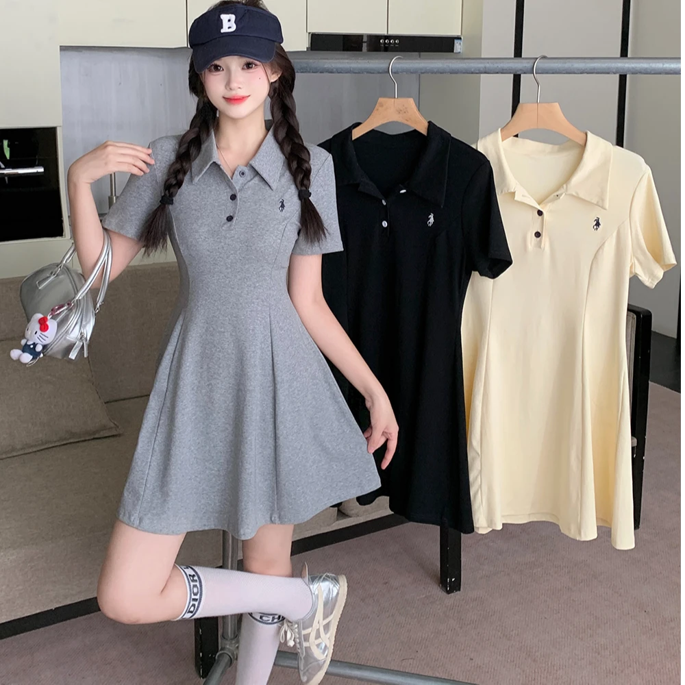 2025年大码女装夏季新款Polo领短袖高腰连衣裙 3307
