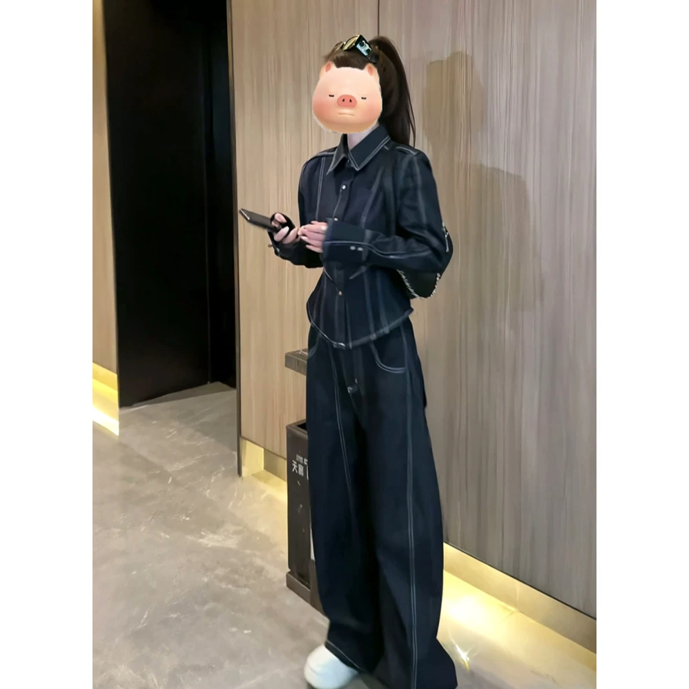 显瘦减龄2025春季新款明线设计收腰原牛仔外套+牛仔长裤两件套装