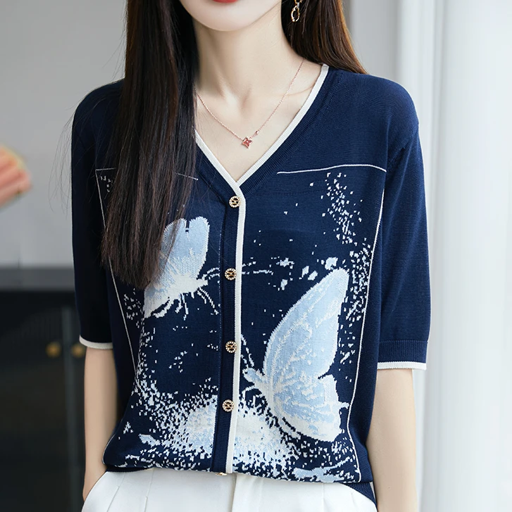 夏季新款！100莱赛尔天丝圆领蝴蝶针织短袖女宽松显瘦T恤上衣