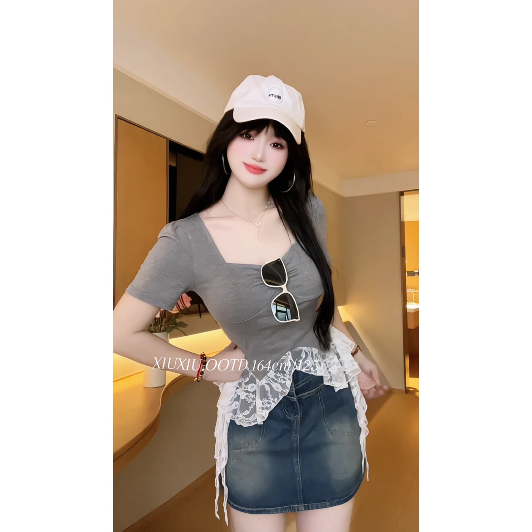 【清甜苏打】7850胖mm纯欲显瘦短袖T恤女夏季显瘦拼接蕾丝短款上衣