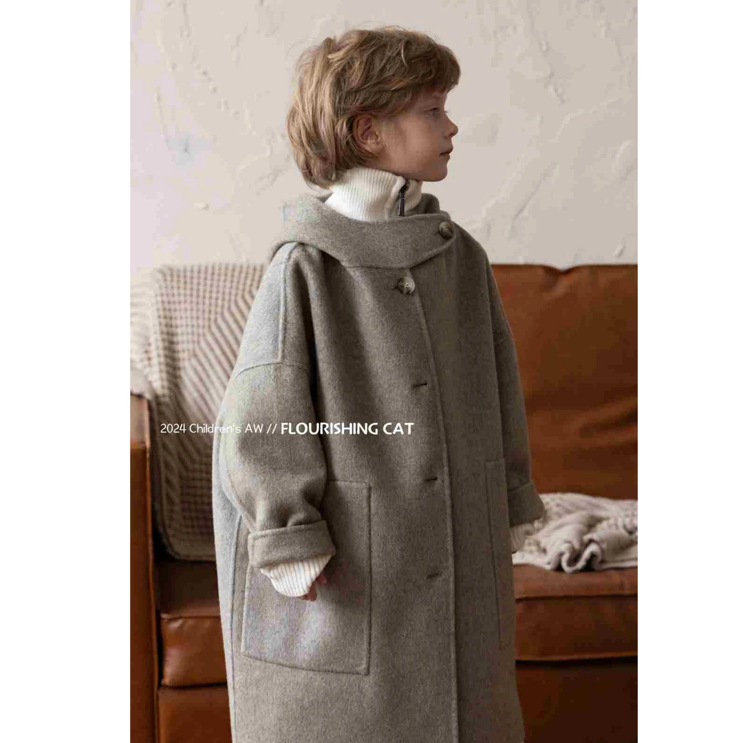 纯色双面外套宽松呢大衣连帽大衣简约加厚单排扣B类韩版羊绒羊绒